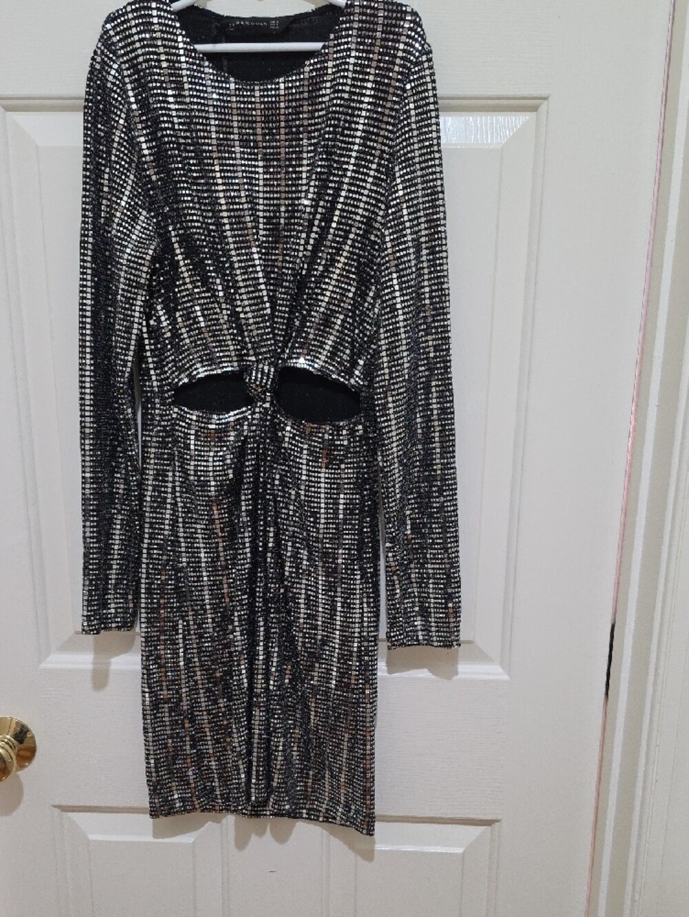 Zara Silver Sequin Knot Cutout Mini Dress - Long Sleeve Party Statement - Size S - Picture 2 of 6